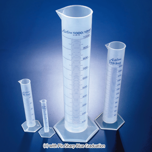 Azlon® B-class PP Cylinders, Hexagonal Base, 10~2000㎖ with Blue or Moulded Graduation, PP 실린더