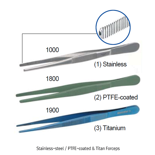 Bochem® Forceps, High Grade Stainless-steel·PTFE-coated·Titan, L105~300mm With Blunt & Ridged Tip, 스텐·PTFE코팅·티타늄-포셉/핀셋, 비자성/비부식
