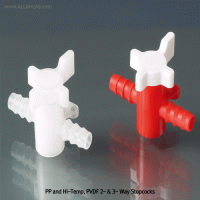 Burkle® PP and High-Temp. PVDF 2- & 3- Way Stopcock, for Gas or Liquid, for dia Φ5~13mmWith Mounting Plate, 1bar, Bore Φ4~8mm, , PP 혹은 내열/내약품성 PVDF 콕