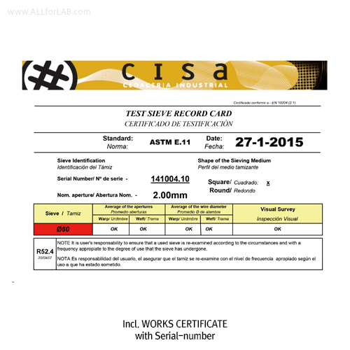 CISA® Φ60×h18mm Premium Certified All Stainless-steel Standard Test Sieve, with WORKS CERTIFICATE & Wire Mesh-holes(■) With Serial-number, Multi-Use/-Function, ASTM/ISO Standard, 정밀 표준망체, 개별“ 보증서” 포함