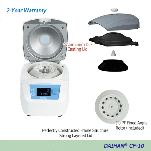 DAIHAN® 12-Place Premium Pro-microcentrifuge Set “CF-12”, Max. 13,500rpm, 12,225×g With Aluminum Die Casting Lid & Electronic Lid Lock System, Autoclavable PP Fixed Angle Rotor for 12×0.2-/0.5-/1.5-/2.0-㎖ Tubes 프로-마이크로 원심분리기, 전자식 안전 도어 잠금 시스템, 앵글 로터 포함, 0