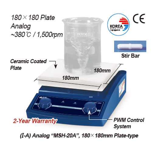 DAIHAN 380℃ Standard Analog & Digital Hotplate Stirrer “MSH-A” & “MSH-D”, Ceramic-coated Plate, 80~1,500 rpm 180×180mm or 260×260mm Plate, with Accurate Temp. Control, Superior Temp Uniformity, with Certi. & Traceability Permanently Brushless Motor(BLDC),