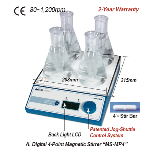 DAIHAN® Digital Multi-point Magnetic Stirrer “MS-MP”, 4 & 8-Points, Max. 500㎖ per point, 80~1,200 rpm With Permanently Brushless Motor(BLDC), digital feedback control, Digital LCD, Synchronous Operation, with Certi. & Traceability 4 & 8-멀티포인트 디지털 자력교