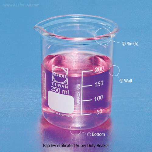 DURAN® Premium Super-Duty Beaker, with Highly Reinforced Rim & Bottom, Low Form, Boro Glass 3.3, 150~5,000㎖ Higher Strength in Impact/Mechanics/Stability, Max Thick-8/9.5mm Rim and -4/5mm Bottom, 프리미엄 슈퍼듀티 비커, 보다 우수한 작업 안정성