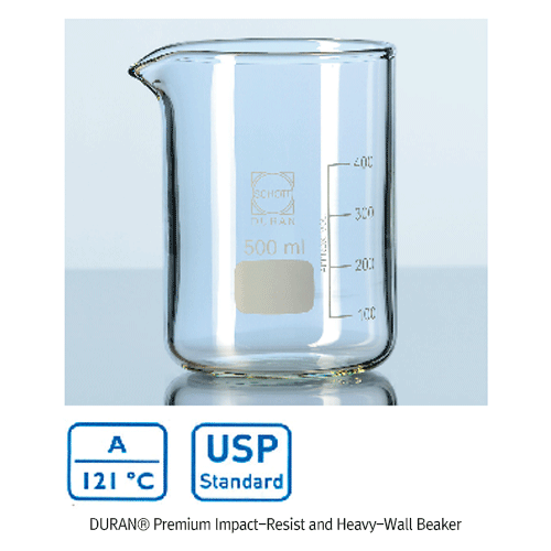 DURAN® Premium Impact-Resist and Heavy-Wall Beaker, with Equality Max-Thick-3.5/4mm, Low Form, Boro Glass 3.3, 100~20,000㎖ 30%(approx) Better Mechanical Strength than Standard, Long Time Life, 프리미엄 내충격/내구성 비커, 긴수명