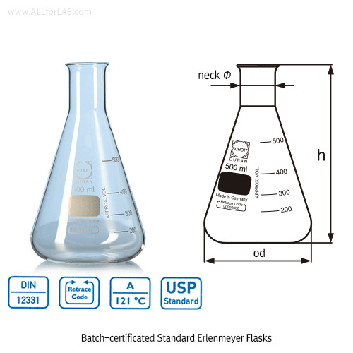 DURAN® Premium Batch-certificated Standard Erlenmeyer Flask, Narrow-neck & Wide-neck, 25~10,000㎖ With Graduation, Boro-glass 3.3, DIN·ISO·UPS, 프리미엄 표준형 삼각 플라스크