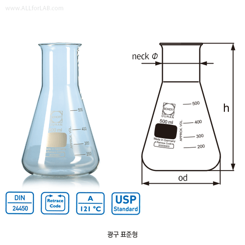 DURAN® Premium Batch-certificated Standard Erlenmeyer Flask, Narrow-neck & Wide-neck, 25~10,000㎖ With Graduation, Boro-glass 3.3, DIN·ISO·UPS, 프리미엄 표준형 삼각 플라스크