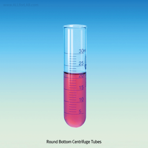 Blue Graduated Centrifuge Tube, with Conical- or Round-Bottom, 5~100㎖With Precise Scale, Boro-glass 3.3, 글라스 원심관