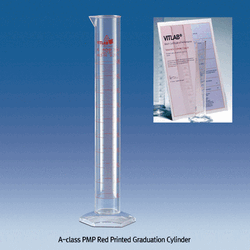VITLAB® A-class PMP Red Printed- & Raised-Graduation Cylinder, with Certificate, 10~2,000㎖ Crystal-clear, with Ring Marks, DE-M marked, 0℃~150℃, 투명 PMP실린더, A-급 보증서 포함