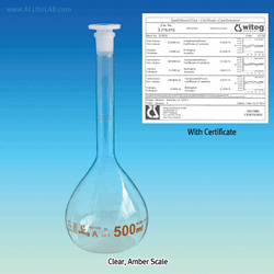 “witeg” Premium A-class Batch Certificated Volumetric Flask, Clear & Amber-glass, 5~5,000㎖ Amber & Blue Graduation in Clear Glass, DIN/ISO, DE-M, A급 보증서부 용량 플라스크