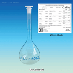 “witeg” Premium A-class Batch Certificated Volumetric Flask, Clear & Amber-glass, 5~5,000㎖ Amber & Blue Graduation in Clear Glass, DIN/ISO, DE-M, A급 보증서부 용량 플라스크