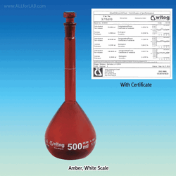 “witeg” Premium A-class Batch Certificated Volumetric Flask, Clear & Amber-glass, 5~5,000㎖ Amber & Blue Graduation in Clear Glass, DIN/ISO, DE-M, A급 보증서부 용량 플라스크