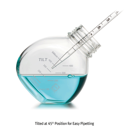 DURAN® TILT GL56 Media Bottle, Unique 45° TILT Position, 500㎖ With White GL56 PP Screwcap, 2-positioned Bottom, Boro-glass 3.3, GL56 틸트 바틀