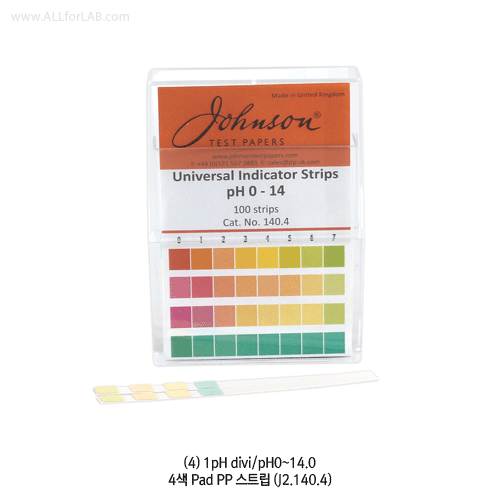 Johnson® Professional 3 & 4 Color-Pad Polypropylene pH Comparator, “Non-Bleed” System Accurate-type of (1) pH 4.0~10.0 & (2) pH 7.5~14.0, and (3) pH 0~14 Full range, 0.5- or 1-pH divi. 3 & 4색 대열 패드식 pH시험용 PP-스트립, 용액에 번짐 / 훼손이 없는 고품질, 1 Strip 에 pH 반응 “3/4색