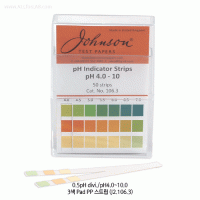 Johnson® Professional 3 & 4 Color-Pad Polypropylene pH Comparator, “Non-Bleed” System Accurate-type of (1) pH 4.0~10.0 & (2) pH 7.5~14.0, and (3) pH 0~14 Full range, 0.5- or 1-pH divi. 3 & 4색 대열 패드식 pH시험용 PP-스트립, 용액에 번짐 / 훼손이 없는 고품질, 1 Strip 에 pH 반응 “3/4색