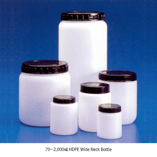 Kartell® 70?2,000㎖ HDPE Wide Neck Bottle, Non-Autoclavable, -50℃+120℃ With Large PP Screwcap & Insert LDPE Plug Cap, HDPE 실린더형 大 광구병