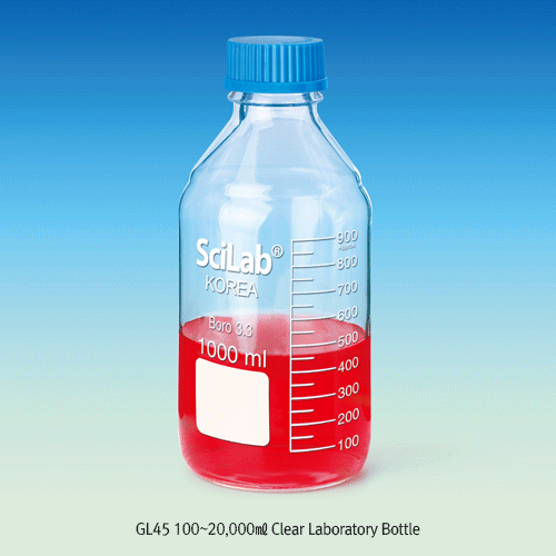 SciLab® GL45 100~20,000㎖ Clear Laboratory Bottle, with PP Screwcap & Pouring Ring Ideal for Culture & Multi-use, White Graduation & Marking Area, Boro-glass 3.3, Autoclavable, GL45 랩바틀