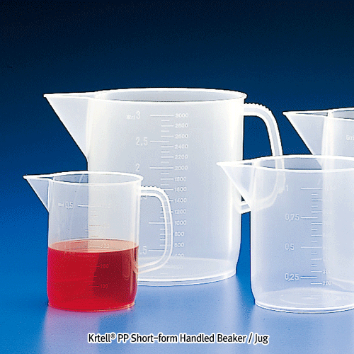 Kartell® PP Short-form Handled Beaker/Jug, No-Drip-Spout, Transparent, 500~5,000㎖ With Mould-Graduated, Autoclavable, -10℃+120/140℃, PP 단형 핸들 비커