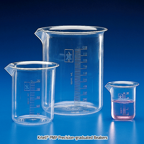 Kartell® PMP Crystal-Clear Beaker, Precision-graduated, Heavy-duty, 10~5,000㎖ With Safety Spout, ISO/BS, 0℃~150/180℃, PMP 정밀눈금형 투명 비커, 고급형