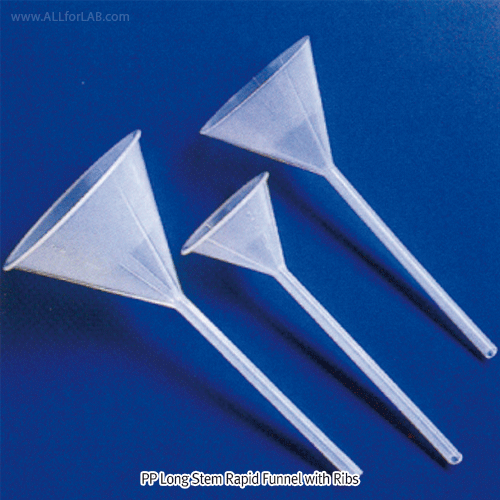 Kartell Analyst Long Stem Rapid Funnel, PP, with Int-& Ext-Ribs, Φ65~Φ105mm With 60° Angle, -10℃+125/140℃, PP 분석용 장족 홈 깔때기