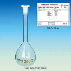 “witeg” Premium USP/ASTM Standard A-Class Volumetric Flask, with PE Stopper, Clear & Amber-glass, 10~1,000㎖ With Batch Certificate, Amber & White Graduation, DIN/ISO, DE-M, USP 표준 A급 보증서부 용량 플라스크