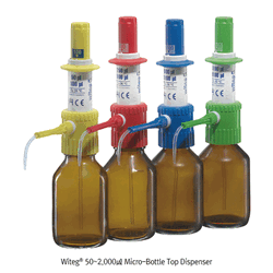“witeg” MINISPENSOR Micro-Bottle Top Dispenser, 50~2,000㎕, 2 Fixed Micro-volume Dispensing Ideal for Long & Repeat Pipetting, 4-colored Models, GL28/GL32 Adapters, 마이크로 디스펜서, 2-용량 고정식