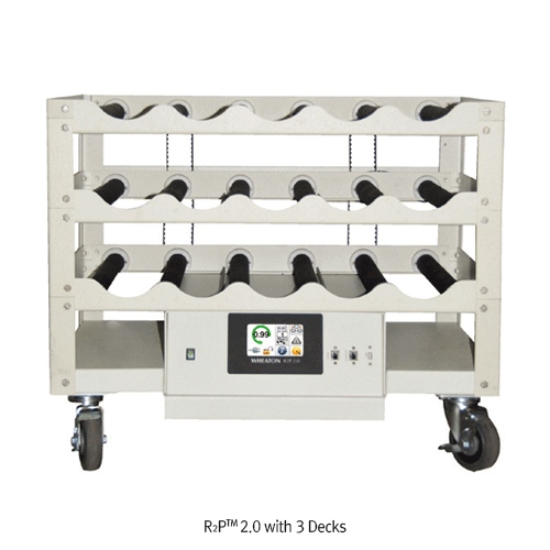 Wheaton® R2PTM 2.0 Roller Culture Apparatus, R2P 2.0 Control System, 1~11 Decks for 5~55 Bottles With Top or Bottom Mounted Controller, 0.25~8.1/±0.01 rpm, Fixed/Removable Decks With Advanced Color Touch Screen Interface, Belt Driven & Brushless DC M