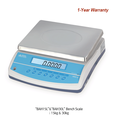 DAIHAN® [d] 0.5 & 1g, max.15 & 30kg Basic High Capacity Bench Scale “BAH15L” & “BAH30L” With Pcs.·%·Alarm·Print & Check Function and Rechargeable Battery/Back Light & LCD Display, DC & AC Adapter, 32×34×h12.5 기본형 대용량 다기능 스케일/저울, Pcs. 계수·%·경보음·인쇄 및 체크
