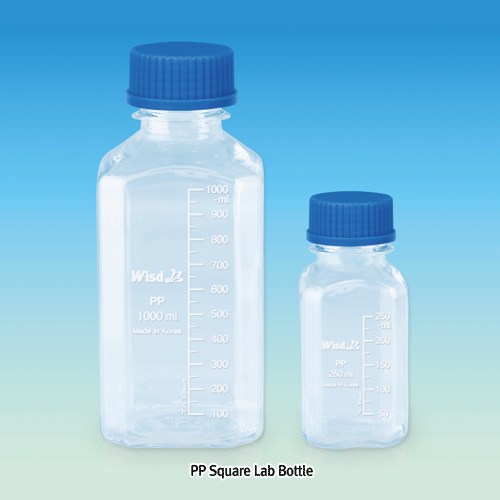 WisdTM PP Space Saver SQUARE MeasureTM Lab Bottle, Wide-neck, with DIN/GL-32 & 45 Basic Cap Attached, 100~1,000㎖ Precisely Graduated, Transparent, Good Chemical/Heat Resistance, 125/140℃ Stable, Autoclavable, PP 4각 광구 랩 바틀, 정밀눈금