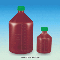 WisdTM “Leak-Proof” PTFE/Butyl Septa-sealed PP Amber MeasureTM Lab Bottle, with DIN/GL Universal Cap, 100~2,000㎖ Precisely Graduated, Excellent for Sealing & Chemical Resistance, 125/140℃ Stable, Autoclavable, “리크프루프” PP 랩바틀, 정밀눈금