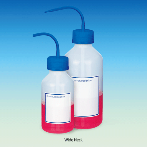 WisdTM PP Narrow & Wide-neck Wash Bottle, Autoclavable, Fine Graduated, Transparent, 500 & 1,000㎖ Printed DIY Content Marking Panel on Bottle, GL32 & GL45 Blue cap, 0℃~125/140℃ Stable, 마킹형 세구 & 광구 세척병, PP