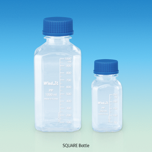 WisdTM HDPE SQUARE MeasureTM Bottle, Wide-neck, with DIN/GL-32 & 45 Basic Cap Attached, 100~1,000㎖ Precisely Graduated, Translucent, Good Chemical Resistance, 105/120℃ Stable, HDPE 4각 광구 랩 바틀, 정밀눈금