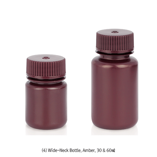 4~60㎖ HDPE Mini Lab Bottle, Narrow-& Wide-Neck, Excellent for Sealing with Inner Thread Good Chemical Resistance, 105/120℃ Stable, Non-Autoclavable, HDPE 미니바틀