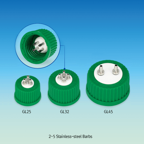 WisdTM Leak-proof Multiport Connector PP GL Screwcap, with PTFE Insert & 2~5 Stainless-steel Barbs, DIN GL25~GL45 Suitable for id. 3.2mm Flexible Tubing, 125/140℃ Stable, Autoclavable, GL25~GL45 멀티포트 커넥터 캡