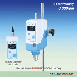 DAIHAN® Premium Hi-Speed Overhead Stirrer “OVS-S05”, with Permanently Brushless Motor(BLDC), 2:1, Max. 3,000rpm With Torque(Ncm)·Viscosity(mPas)·Temperature(℃)·Real Time Display, Optional Remote Control, 50,000mPas, Max. 100Lit “Push-Through” Shaft(Φ