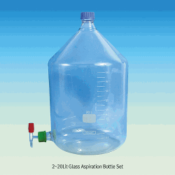 SciLab® 2~20Lit Glass Aspiration Bottle Set, Boro-Glass 3.3, GL45 Screwcap With Graduation & PTFE Needle Stopcock/GL32 Screwcap, 글라스 증류수통/카보이