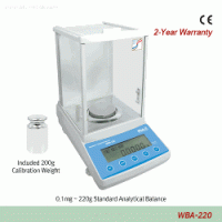DAIHAN® [d] 0.1mg, max.220g Calibration Certificated Standard Analytical Balance, Φ80 · 90mm Weighing PlateExt-CAL “WBA-220”, Auto Int-CAL “WBA-220A”, with Glass Draft Shield, Backlit LCD, Counting Function, Various Weight Mode“Ext-CAL 외부 보정형 ” & “In