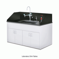 DAIHAN® Laboratory Sink Table, High Quality Steel-Frame & -Side Panel, Phenol Sink Top, PP Sink Bowl, Glass Water Guard With ① Cold & Hot Water Mixed Faucet, 실험실용 싱크대, 3면 강화유리, 재질 변경 가능 Ea. Price, ￦ * ② 3-mouth Chemical Faucet Available(Optional)