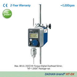 DAIHAN® High-Torque Overhead Stirrer “HT-AX” & “HT-DX”, for Middle-/High-Viscosity, Max.40·60Lit, 60,000·90,000mpas With “Push-Through” Shaft(Φ10mm or Less) and Chuck grip Φ6~12mm, Flex-Coupling Φ6~16mm, Max.1,000rpm 중/고점도용 강력교반기, 사용교반봉 ; ①기본은Φ6~12mm