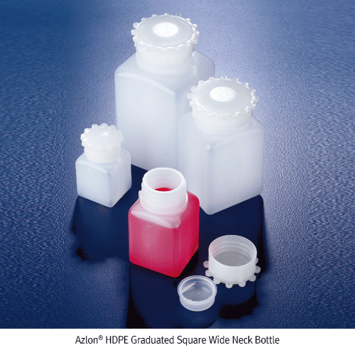Azlon® HDPE Graduated Square Wide Neck Bottle, 25~2,000㎖With Screwcap and Inner Plug Seal, 105/120℃, 눈금부 사각 광구병